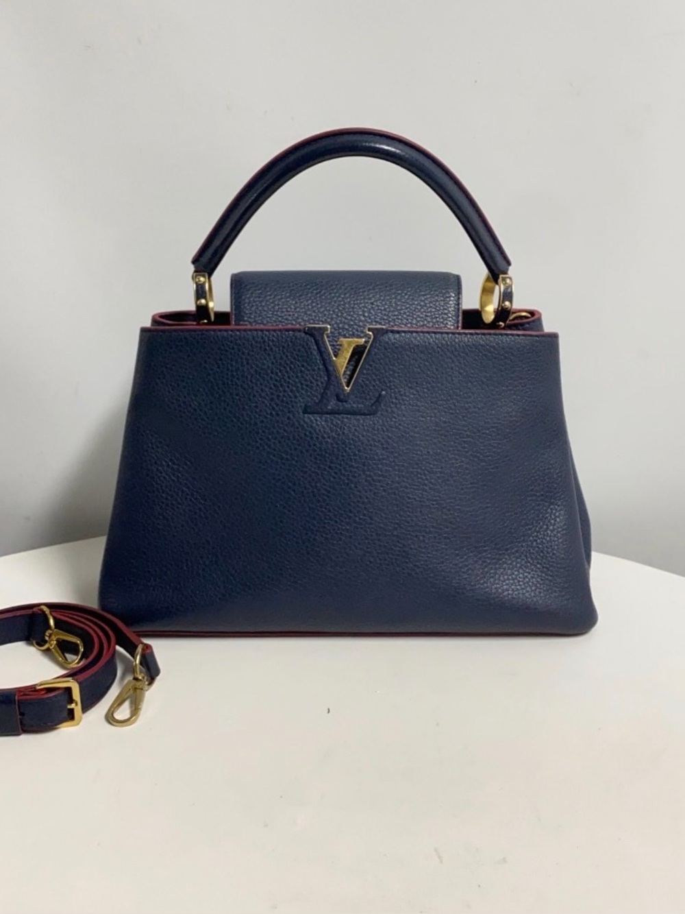 Authentic Louis Vuitton Capucines Navy with burgundy trim Leather Top Handle